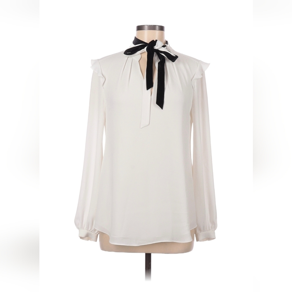 White House Black Market Cream Blouse with Black Tie Neck